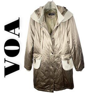 VOA VINTAGE 90's Y2K LONGLINE SILKY FULL ZIP HOODED COAT CHAMPAGNE BEIGE, Large